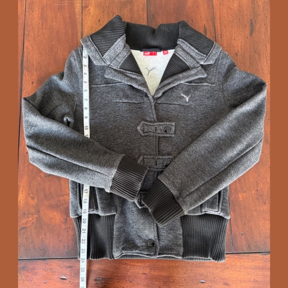Puma Heather Gray Zip Up & Snap Sweater Size Large w/Black Wide Collar Accent - Picture 4 of 11